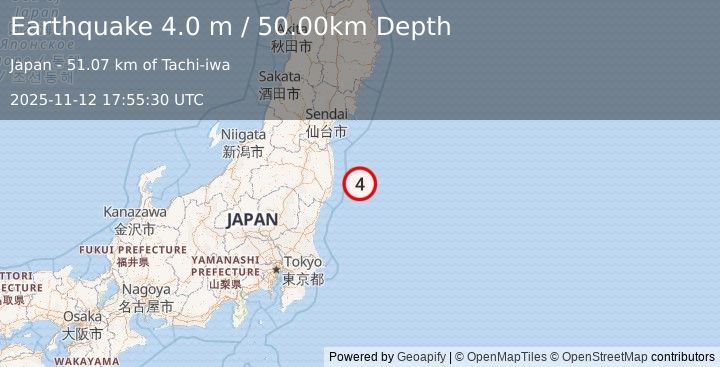 Earthquake NEAR EAST COAST OF HONSHU, JAPAN (4.0 m) (2025-11-12 17:55:30 UTC)