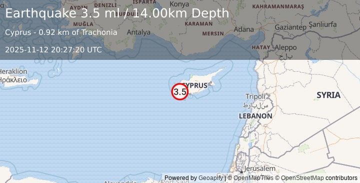 Earthquake CYPRUS REGION (3.2 ml) (2025-11-12 20:27:18 UTC)
