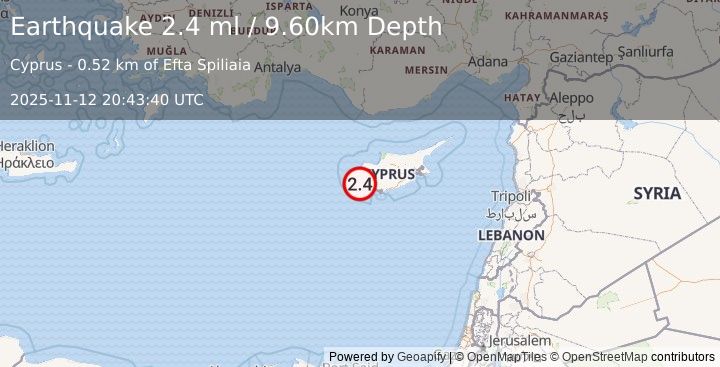 Earthquake CYPRUS REGION (2.4 ml) (2025-11-12 20:43:40 UTC)