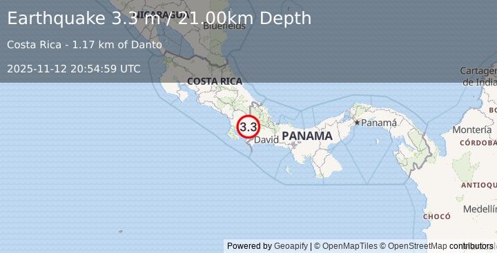 Earthquake PANAMA-COSTA RICA BORDER REGION (3.3 m) (2025-11-12 20:54:59 UTC)