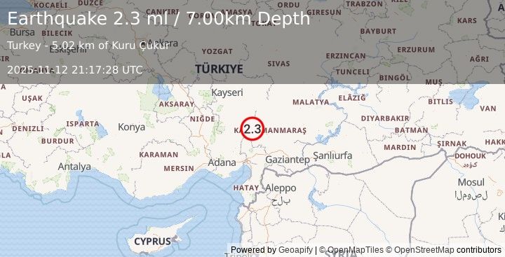 Earthquake CENTRAL TURKEY (2.3 ml) (2025-11-12 21:17:28 UTC)