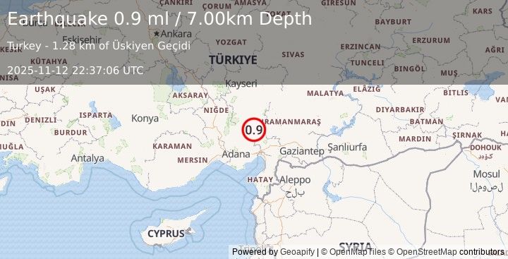 Earthquake CENTRAL TURKEY (0.9 ml) (2025-11-12 22:37:06 UTC)