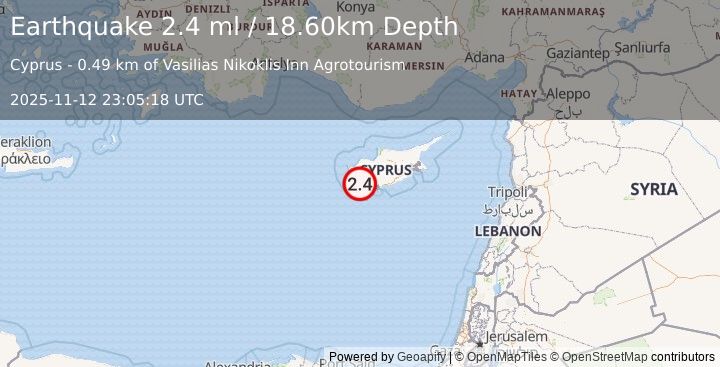 Earthquake CYPRUS REGION (2.4 ml) (2025-11-12 23:05:18 UTC)
