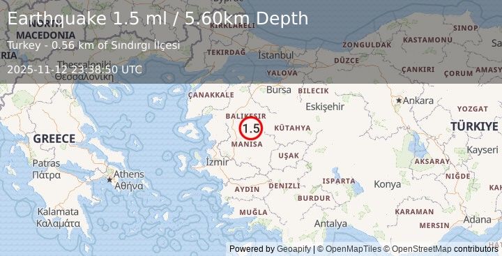Earthquake WESTERN TURKEY (1.5 ml) (2025-11-12 23:38:50 UTC)