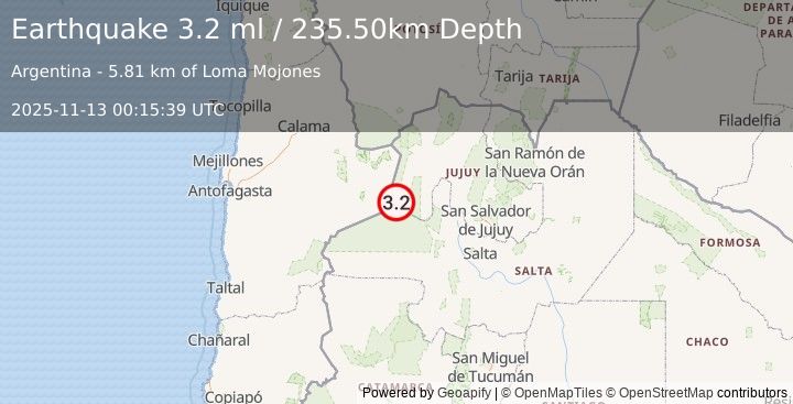Earthquake SALTA, ARGENTINA (3.2 ml) (2025-11-13 00:15:39 UTC)