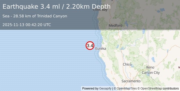 Earthquake OFFSHORE NORTHERN CALIFORNIA (3.4 ml) (2025-11-13 00:42:20 UTC)
