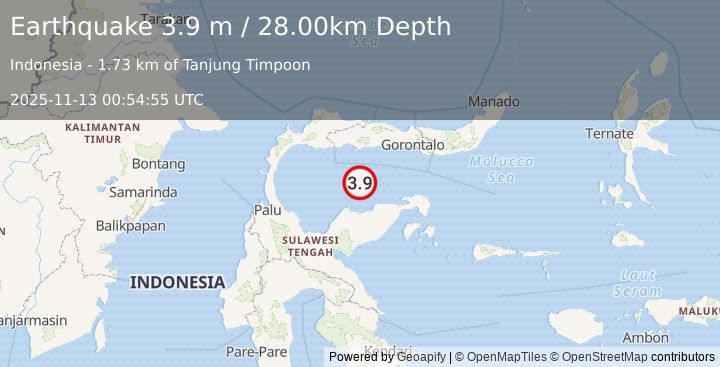Earthquake SULAWESI, INDONESIA (3.9 m) (2025-11-13 00:54:55 UTC)