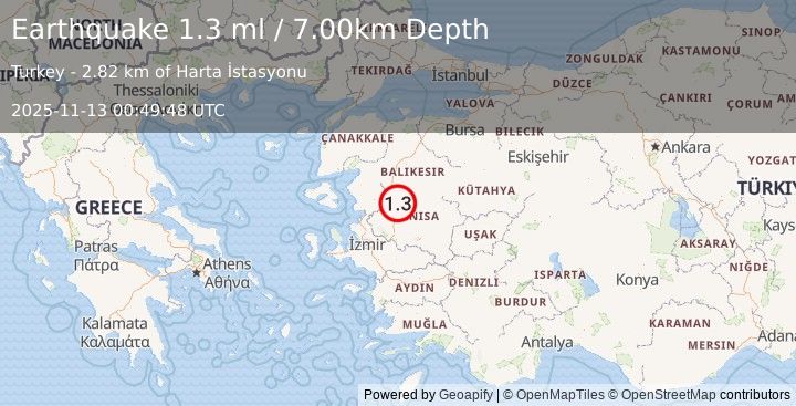 Earthquake WESTERN TURKEY (1.3 ml) (2025-11-13 00:49:48 UTC)