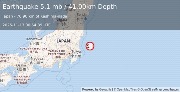 Earthquake NEAR EAST COAST OF HONSHU, JAPAN (4.7 mw) (2025-11-13 00:54:37 UTC)