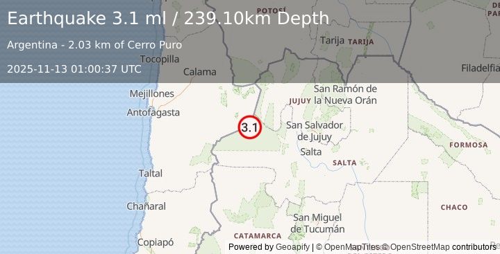 Earthquake SALTA, ARGENTINA (3.1 ml) (2025-11-13 01:00:37 UTC)