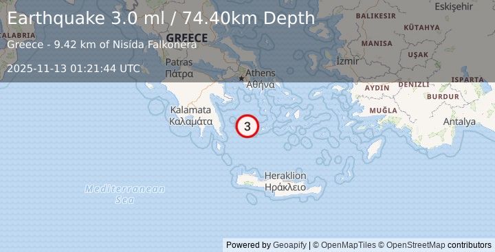 Earthquake SOUTHERN GREECE (3.0 ml) (2025-11-13 01:21:44 UTC)