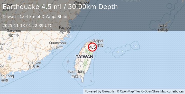Earthquake TAIWAN (4.5 ml) (2025-11-13 01:22:39 UTC)