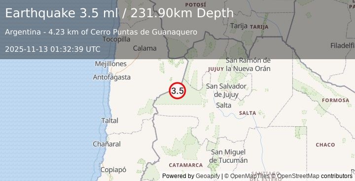 Earthquake SALTA, ARGENTINA (3.5 ml) (2025-11-13 01:32:39 UTC)