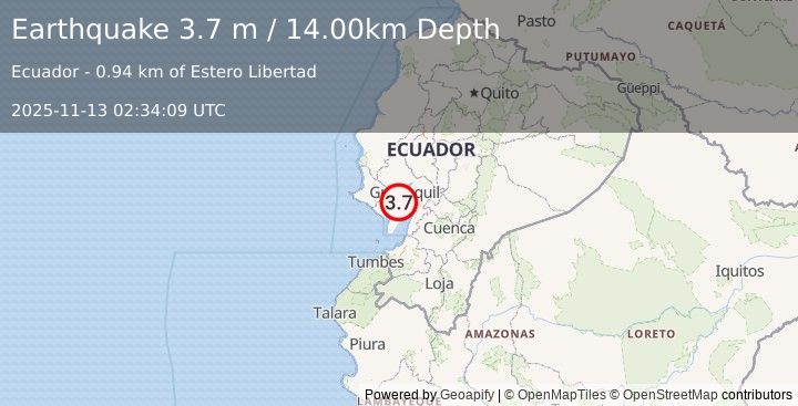 Earthquake NEAR COAST OF ECUADOR (3.5 ml) (2025-11-13 02:34:07 UTC)
