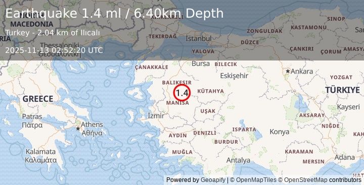 Earthquake WESTERN TURKEY (1.4 ml) (2025-11-13 02:52:19 UTC)