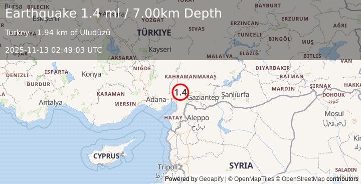 Earthquake CENTRAL TURKEY (1.4 ml) (2025-11-13 02:49:03 UTC)