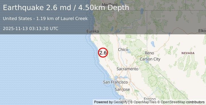 Earthquake NORTHERN CALIFORNIA (2.6 md) (2025-11-13 03:13:20 UTC)