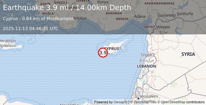 Earthquake CYPRUS REGION (3.8 ml) (2025-11-13 04:46:33 UTC)