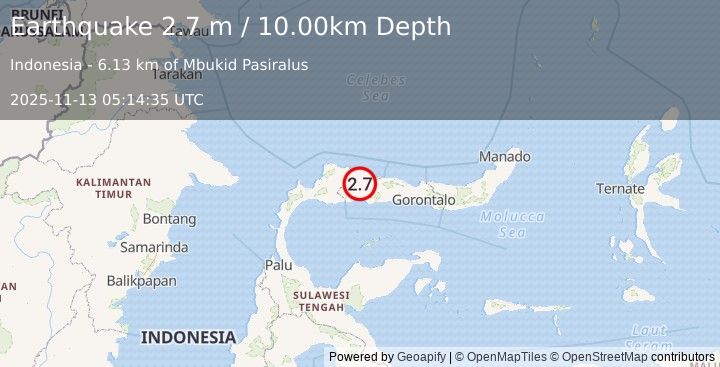 Earthquake MINAHASA, SULAWESI, INDONESIA (2.7 m) (2025-11-13 05:14:35 UTC)