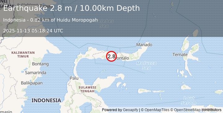 Earthquake MINAHASA, SULAWESI, INDONESIA (2.8 m) (2025-11-13 05:18:24 UTC)