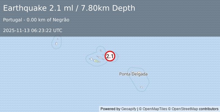 Earthquake AZORES ISLANDS, PORTUGAL (2.1 ml) (2025-11-13 06:23:22 UTC)