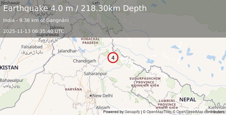 Earthquake UTTARANCHAL, INDIA (4.0 m) (2025-11-13 06:35:40 UTC)
