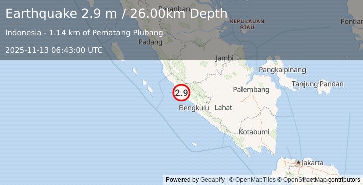 Earthquake SOUTHERN SUMATRA, INDONESIA (2.9 m) (2025-11-13 06:43:00 UTC)
