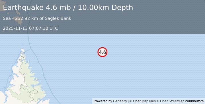 Earthquake DAVIS STRAIT (4.6 mb) (2025-11-13 07:07:10 UTC)