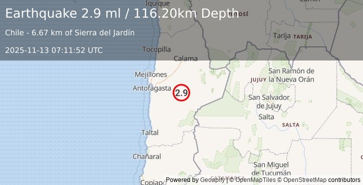 Earthquake ANTOFAGASTA, CHILE (2.9 ml) (2025-11-13 07:11:52 UTC)