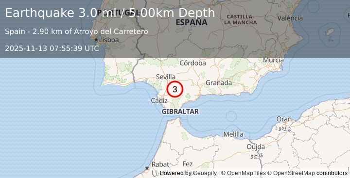 Earthquake STRAIT OF GIBRALTAR (3.0 ml) (2025-11-13 07:55:37 UTC)