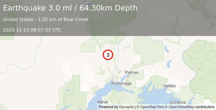 Earthquake CENTRAL ALASKA (2.5 ml) (2025-11-13 08:07:34 UTC)
