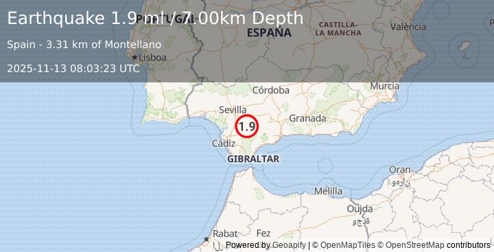 Earthquake STRAIT OF GIBRALTAR (1.9 ml) (2025-11-13 08:03:23 UTC)