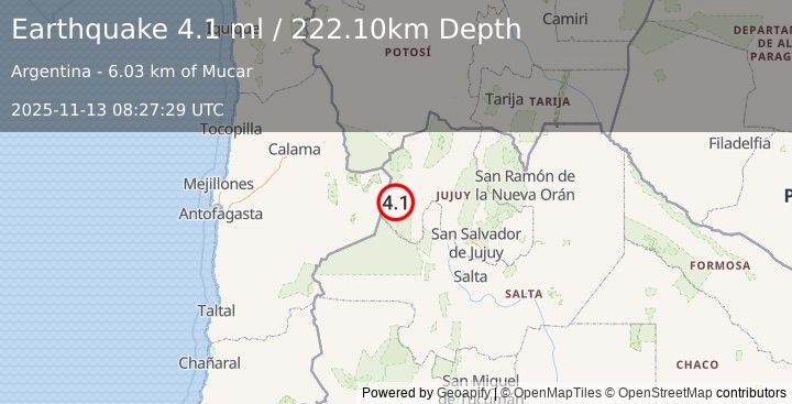 Earthquake JUJUY, ARGENTINA (4.3 ml) (2025-11-13 08:27:28 UTC)