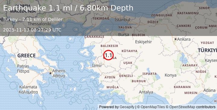 Earthquake WESTERN TURKEY (1.1 ml) (2025-11-13 08:27:29 UTC)