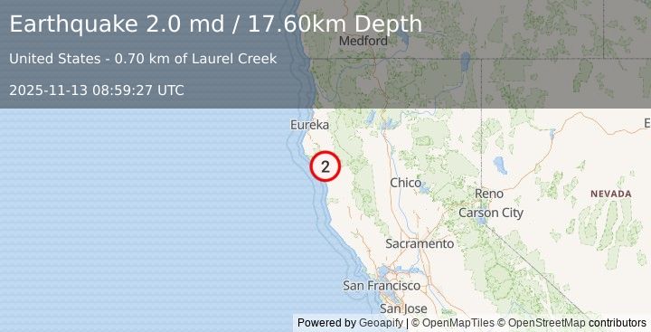 Earthquake NORTHERN CALIFORNIA (2.0 md) (2025-11-13 08:59:27 UTC)