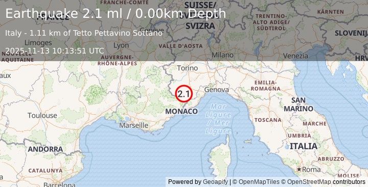 Earthquake NORTHERN ITALY (2.2 ml) (2025-11-13 10:12:55 UTC)