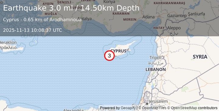 Earthquake CYPRUS REGION (2.9 ml) (2025-11-13 10:08:39 UTC)