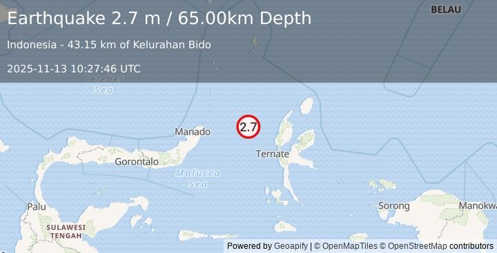 Earthquake MOLUCCA SEA (2.7 m) (2025-11-13 10:27:46 UTC)