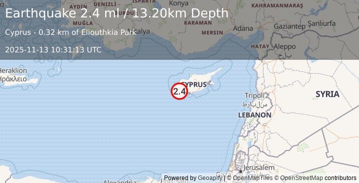 Earthquake CYPRUS REGION (2.2 ml) (2025-11-13 10:31:15 UTC)
