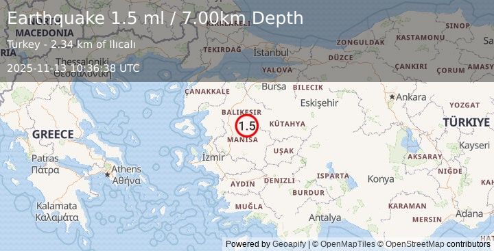 Earthquake WESTERN TURKEY (1.5 ml) (2025-11-13 10:36:38 UTC)