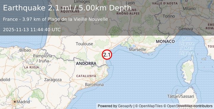 Earthquake NEAR SOUTH COAST OF FRANCE (2.1 ml) (2025-11-13 11:44:37 UTC)