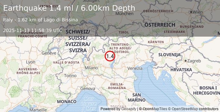 Earthquake NORTHERN ITALY (1.4 ml) (2025-11-13 11:58:39 UTC)