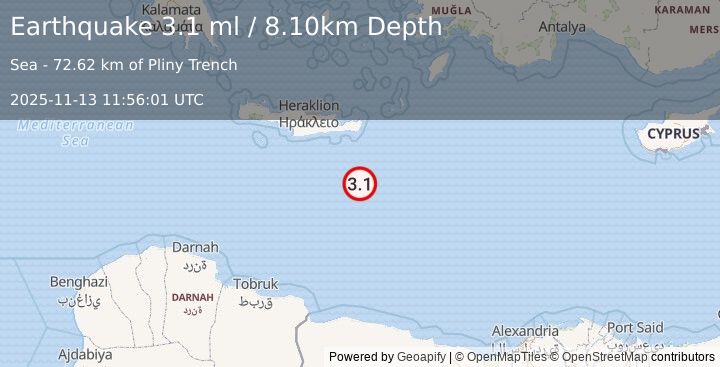 Earthquake CRETE, GREECE (3.1 ml) (2025-11-13 11:56:01 UTC)