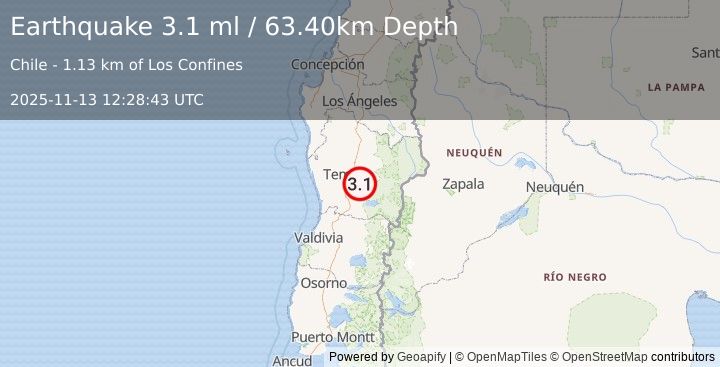 Earthquake ARAUCANIA, CHILE (3.1 ml) (2025-11-13 12:28:43 UTC)