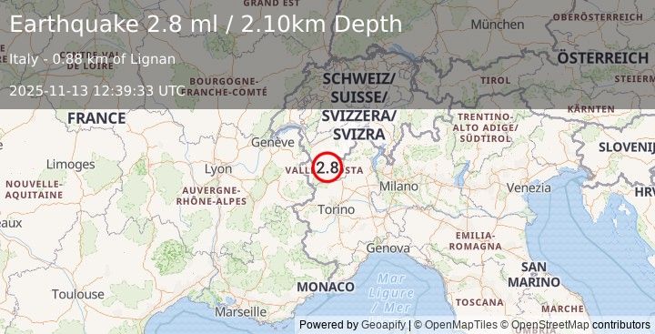 Earthquake NORTHERN ITALY (2.8 ml) (2025-11-13 12:39:33 UTC)
