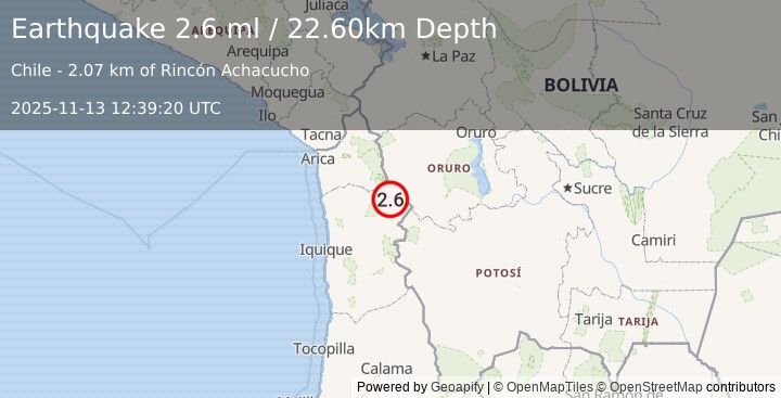 Earthquake TARAPACA, CHILE (2.6 ml) (2025-11-13 12:39:20 UTC)