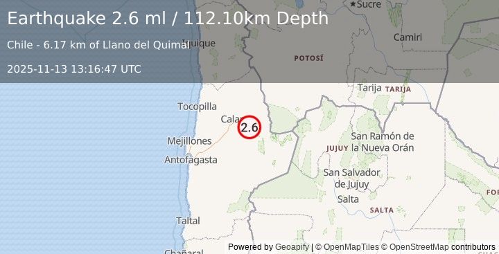 Earthquake ANTOFAGASTA, CHILE (2.6 ml) (2025-11-13 13:16:47 UTC)