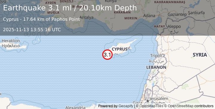 Earthquake CYPRUS REGION (3.2 ml) (2025-11-13 13:55:18 UTC)