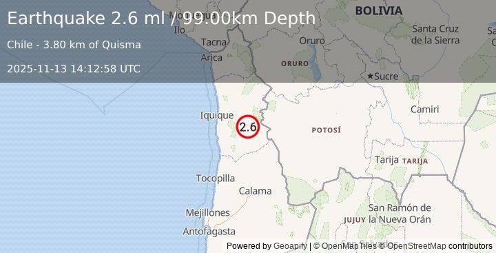 Earthquake TARAPACA, CHILE (2.6 ml) (2025-11-13 14:12:58 UTC)