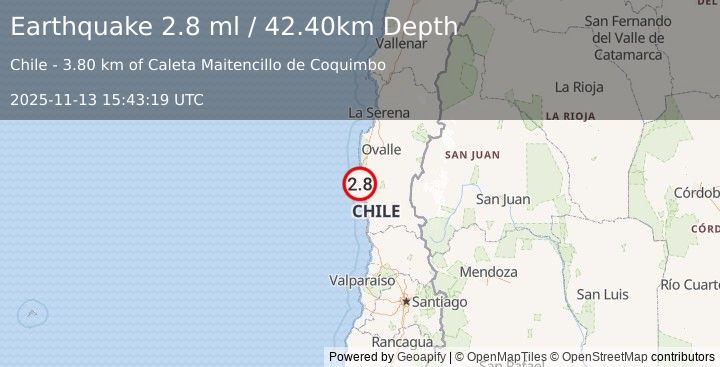 Earthquake OFFSHORE COQUIMBO, CHILE (2.8 ml) (2025-11-13 15:43:19 UTC)